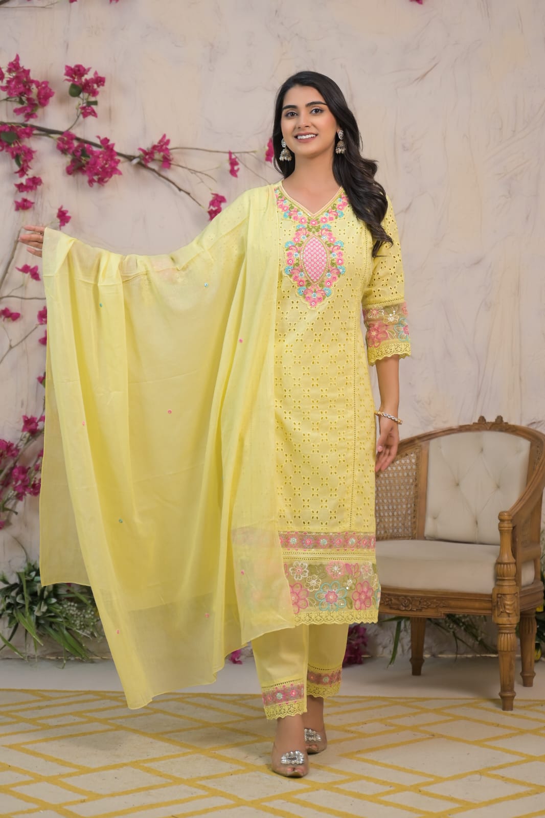 COTTON - YELLOW CHIKENKARI SUIT