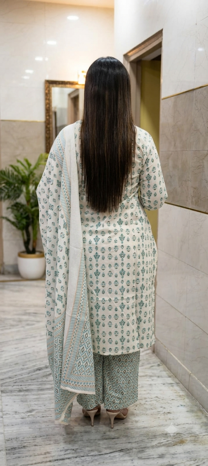 OFF WHITE WITH GREEN BUTTI