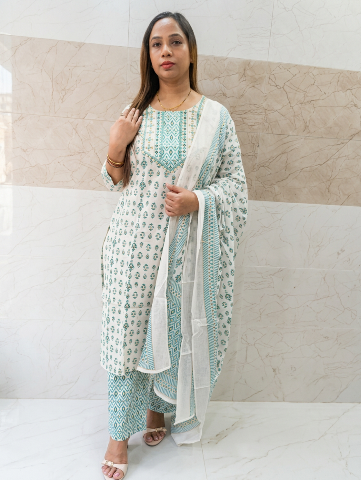 OFF WHITE WITH GREEN BUTTI
