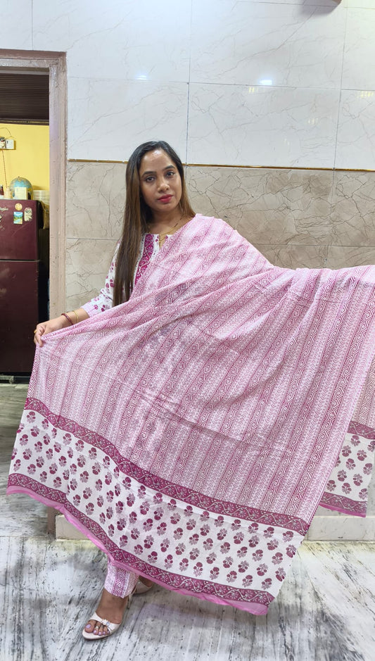 COTTON SUIT - WHITE WITH PINK BUTTI