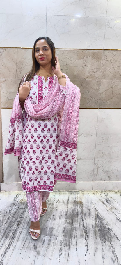 COTTON SUIT - WHITE WITH PINK BUTTI