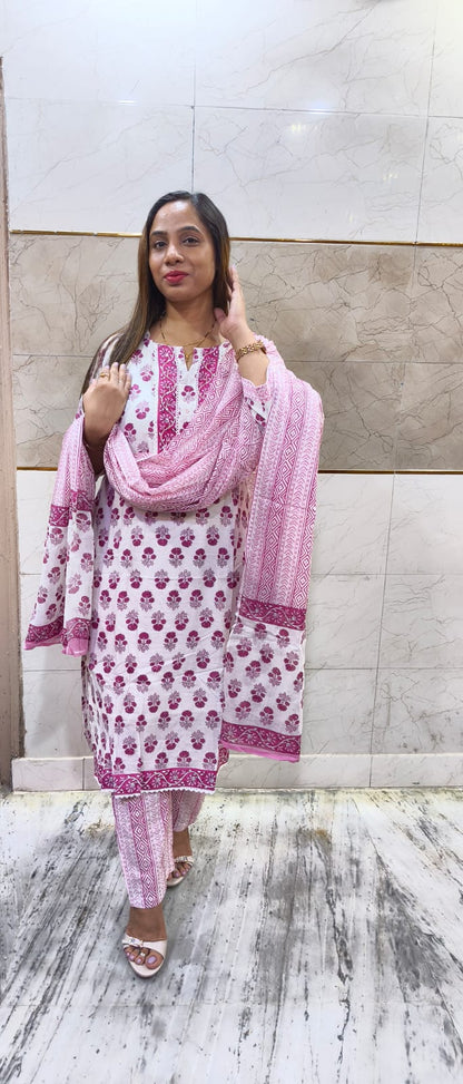 COTTON SUIT - WHITE WITH PINK BUTTI
