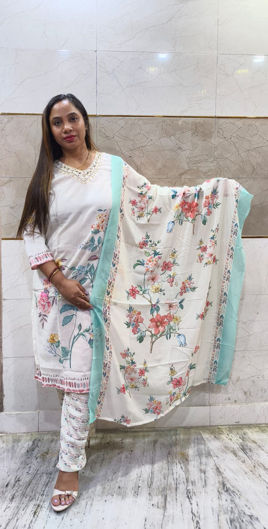 COTTON - WHITE FLOWER V NECK SUIT