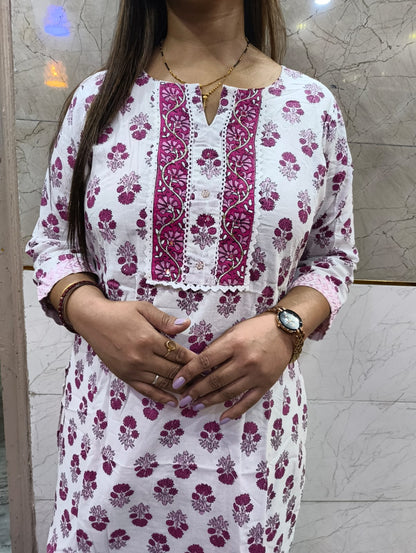 COTTON SUIT - WHITE WITH PINK BUTTI