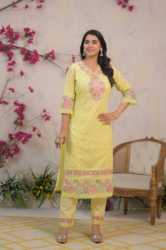 COTTON - YELLOW CHIKENKARI SUIT