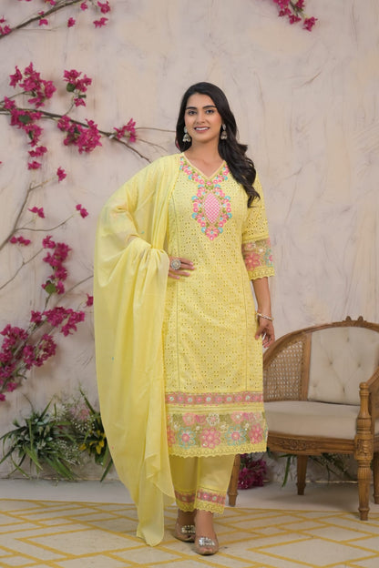 COTTON - YELLOW CHIKENKARI SUIT